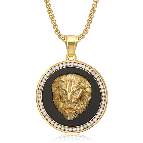 Hip Hop Lion Head Pendant Necklace For Men Titanium Steel Gold Plated Rhinestone Inlaid Round Badge Animal Jewelry Gift
