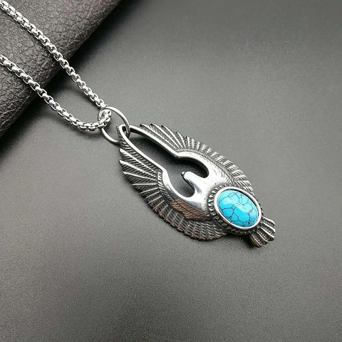 Vintage Stainless Steel Eagle Pendant Necklace For Men Women Ethnic Style Artificial Turquoise Inlaid Feather Wing Jewelry