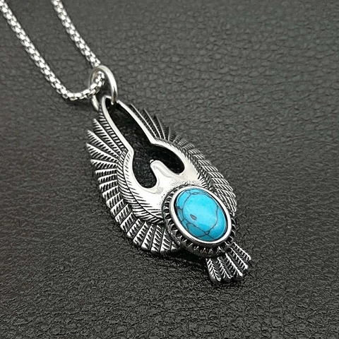 Vintage Stainless Steel Eagle Pendant Necklace For Men Women Ethnic Style Artificial Turquoise Inlaid Feather Wing Jewelry