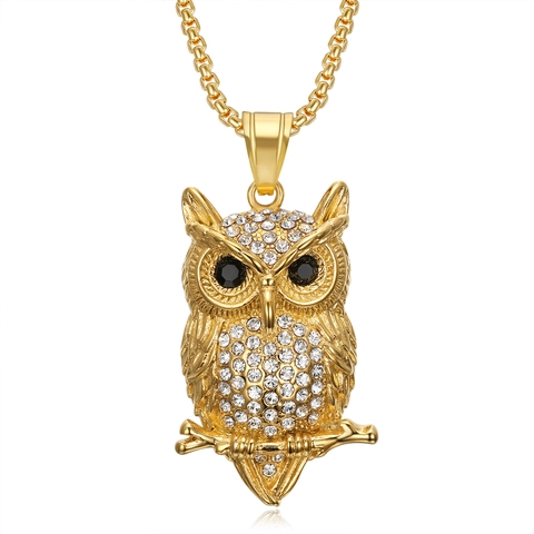 Collana con Ciondolo a Forma di Civetta Hip Hop in Acciaio Inossidabile con Strass Gioielli Animali per Uomo Donna Oro Argento