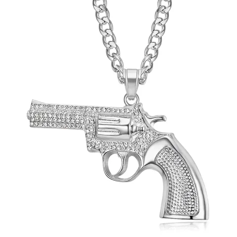 Hip Hop Stainless Steel Revolver Handgun Pendant Necklace Rhinestone Pave Iced Out Cuban Chain Neck Jewelry For Men Women