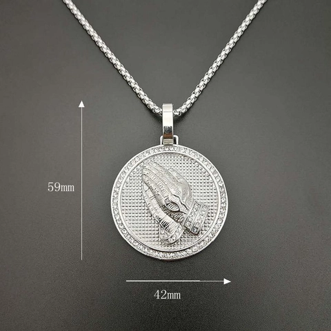Hip Hop Praying Hands Pendant Necklace Titanium Steel Rhinestone Inlaid Round Medallion Box Chain Streetwear Men Jewelry
