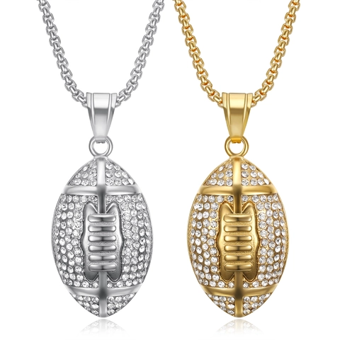 Collana con Ciondolo a Forma di Football Americano Hip Hop Iced Out in Acciaio Inossidabile Strass Oro Argento Gioielli