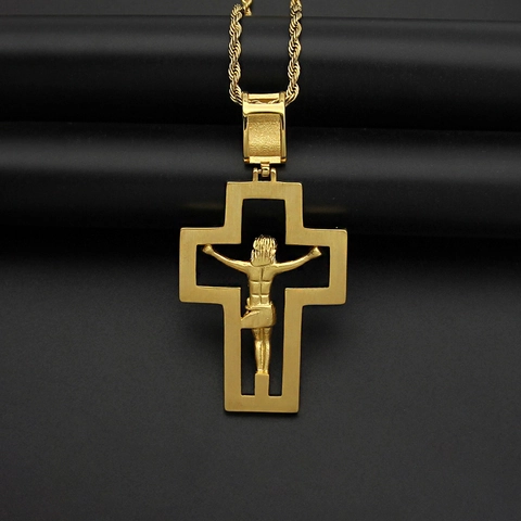 Ciondolo Croce di Gesù in Acciaio Inossidabile Placcato Oro con Strass Religioso Ciondolo Vuoto per Uomo Donna Gioielli