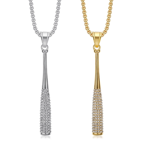 Hiphop Titanium Steel Baseball Bat Pendant Necklace For Men Women Iced Out Rhinestone Sporty Jewelry Gold Silver Tone Accessory
