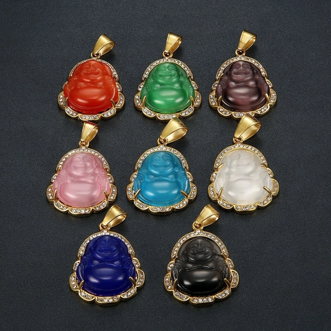 Colgante de Buda Sonriente de Acero Inoxidable Solo Sin Cadena Diamante de Imitación Incrustado Piedra Ojo de Gato Joyería Étnica