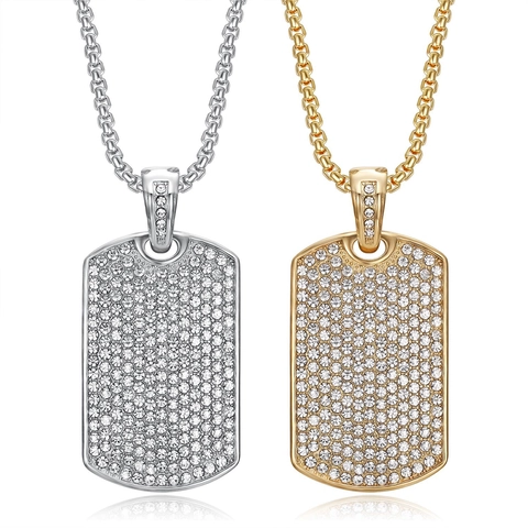 Hip Hop Hip Hop Iced Out Dog Tag Pendant Necklace For Men Titanium Steel Gold Silver Plated Rectangular Rhinestone Pendant Necklace Fashion Jewelry