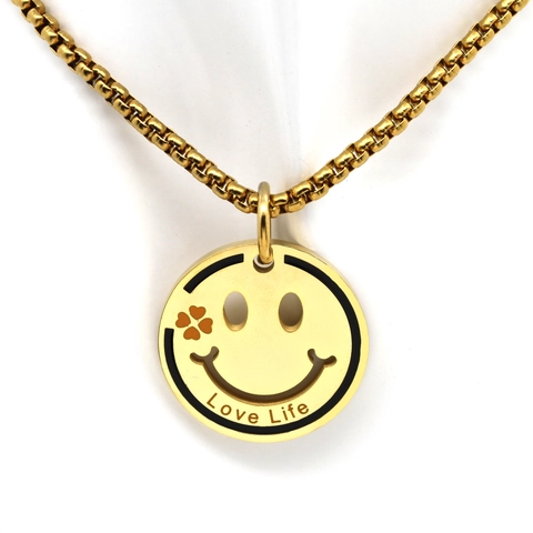 Collana con Pendente a Forma di Faccina Sorridente in Acciaio Inossidabile Hip Hop Con Scritta Love Life e Quadrifoglio Unisex Gioielli
