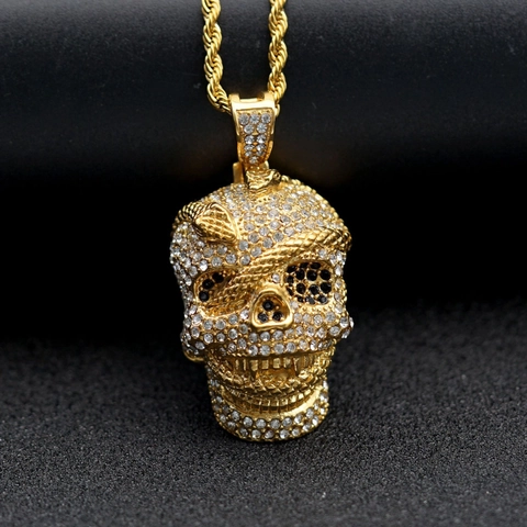 Hip Hop Stainless Steel Skull Snake Pendant Necklace For Men Women 18K Gold Plated Pave Rhinestone Gothic Punk Jewelry