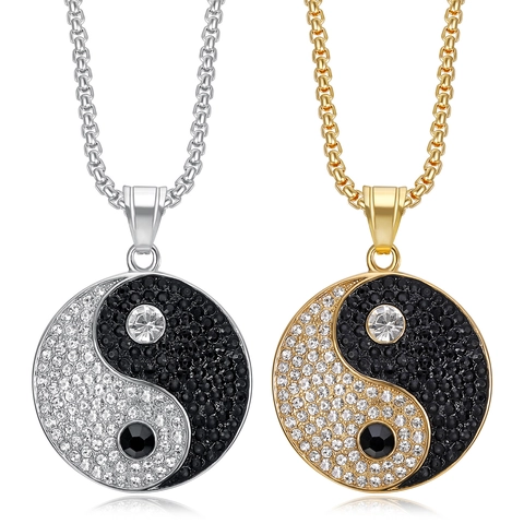 Hip Hop Yin Yang Taichi Round Pendant Necklace Stainless Steel Rhinestone Inlaid Gold Silver Color Geometric Jewelry For Men Women
