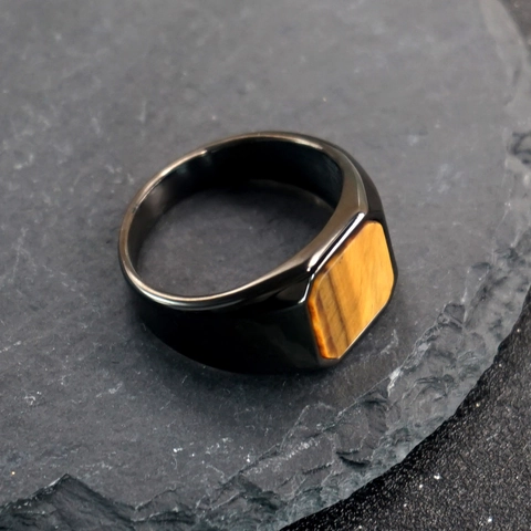 Vintage Men Black Stainless Steel Signet Ring With Natural Tiger Eye Lapis Lazuli Black Agate Stone Inlaid Finger Ring