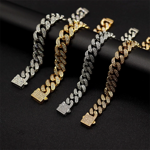 Collana Bracciale a Maglia Cubana Hip Hop Iced Out per Uomo Donna in Acciaio al Titanio con Pavé di Strass Gioielli Punk