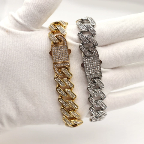 Collana a Maglia Cubana Hip Hop in Acciaio Inossidabile per Uomo Donna Catena in Acciaio al Titanio con Strass Pavé