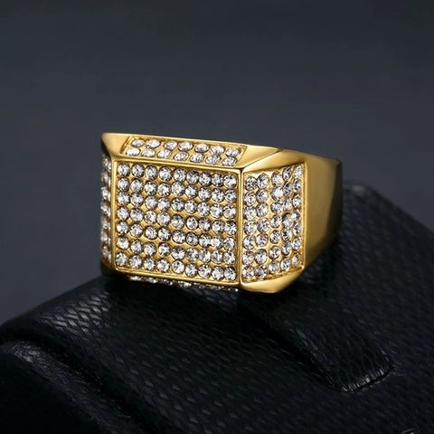 Hip Hop Men's Gold Plated Stainless Steel Ring Square Geometric Inlaid Rhinestone Full Drill Signet Ring Party Jewelry