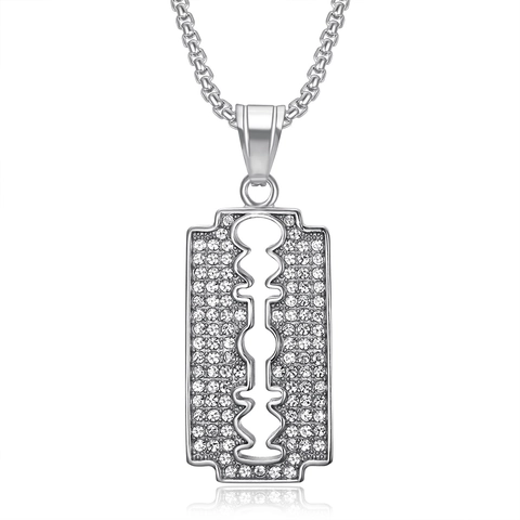 Hip Hop Stainless Steel Razor Blade Pendant Necklace For Men Women Iced Out Rhinestone Blade Fashion Jewelry Accessories