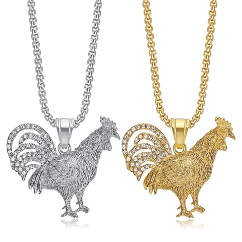 Hip Hop Titanium-Stahl Hahn Anhänger Halskette Mit Strass Details Herren Damen Gold Silber Überzogen Zodiak Tier Schmuck
