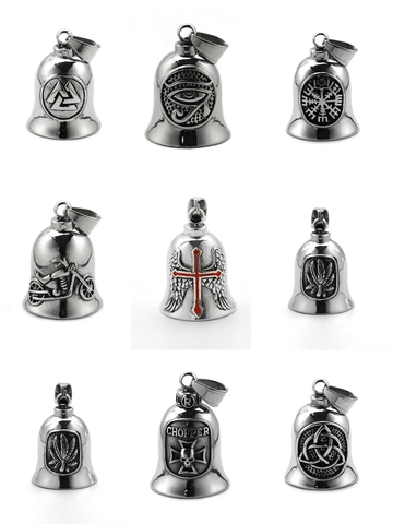 Vintage Viking Punk Locomotive Bell Pendant Stainless Steel Exorcism Bell Cross Skull Pattern Guardian Bell For Men Jewelry