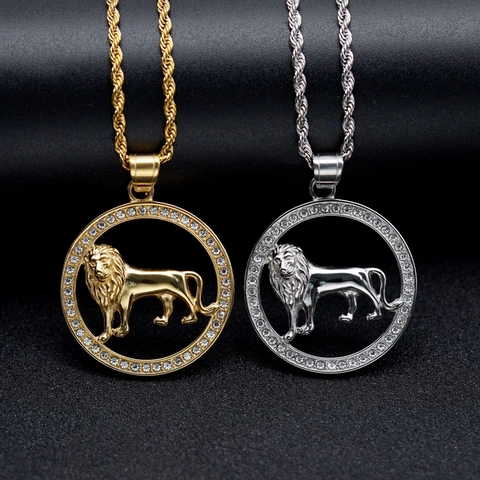Collana con Pendente a Forma di Leone Hip Hop in Acciaio Inossidabile Placcato Oro 18K con Strass Catena a Corda Gioielli Uomo