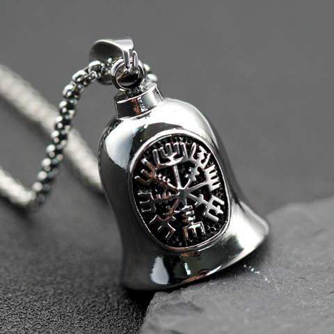 Retro Viking Vegvisir Rune Bell Pendant Necklace Polished Stainless Steel Nordic Biker Punk Jewelry For Men Unisex Gift
