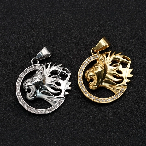 Hip Hop Lion Head Pendant Necklace Stainless Steel Pave Rhinestone Gold Silver Lion Pendant Necklace For Men Jewelry