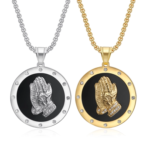 Collana con Ciondolo Mani in Preghiera in Acciaio al Titanio Hip Hop per Uomo Donna Placcato Oro Argento Strass Intarsiato Gioielli Religiosi