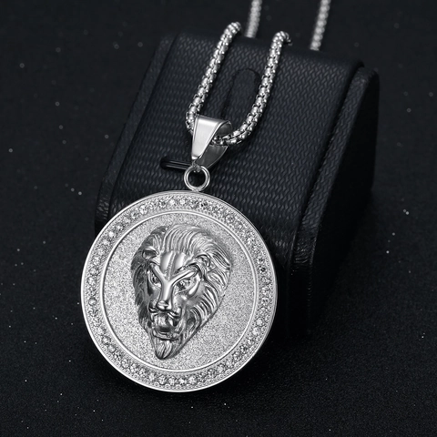 Collana con Ciondolo Medaglione Testa di Leone in Acciaio Inossidabile Hip Hop Moda Strass Intarsiato Gioielli a Catena Box Regalo Uomo