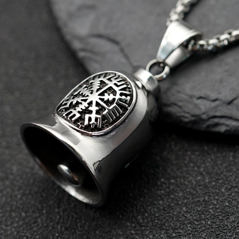 Retro Viking Vegvisir Rune Bell Pendant Necklace Polished Stainless Steel Nordic Biker Punk Jewelry For Men Unisex Gift