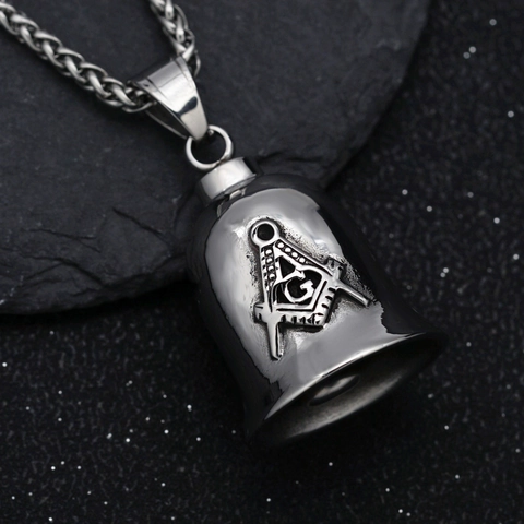 Retro Men Stainless Steel Bell Pendant Necklace Freemasonry Masonic Symbol Biker Punk Style Polished Silver Tone Jewelry