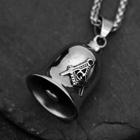 Retro Men Stainless Steel Bell Pendant Necklace Freemasonry Masonic Symbol Biker Punk Style Polished Silver Tone Jewelry