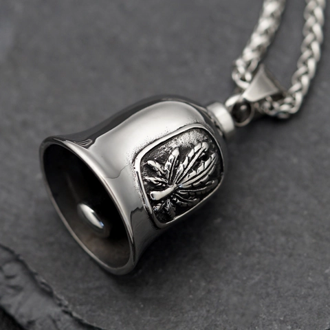 Vintage Punk Titanium Steel Bell Pendant Necklace For Men Women Rider Exorcism Bell Jewelry Maple Leaf Relief Accessories