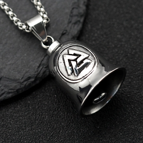 Viking Odin Valknut Triangle Symbol Bell Stainless Steel Pendant Retro Biker Punk Necklace For Men Women Personalized Jewelry