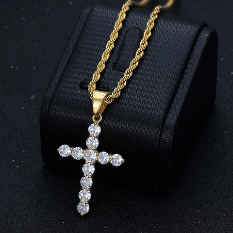 Hip-hop Titanium Steel Cross Pendant Necklace Inlaid AAA Zirconia Gold Plated Rope Chain Jewelry For Men Women