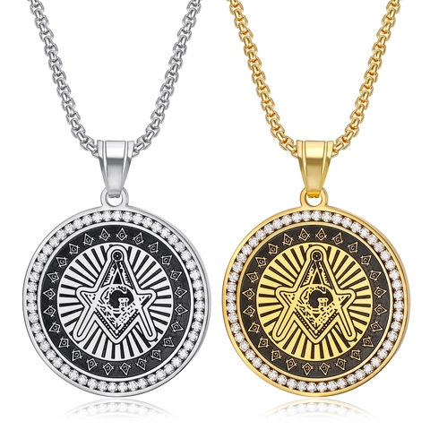 Hip Hop Titanium Steel Masonic Pendant Necklace For Men Women Gold Silver Pave Rhinestone Compasses G Symbol Round Medallion Necklace