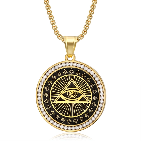 Collana con Pendente Occhio della Provvidenza in Acciaio Inossidabile Hip Hop Simbolo Massonico Oro Argento Strass Gioielli da Uomo