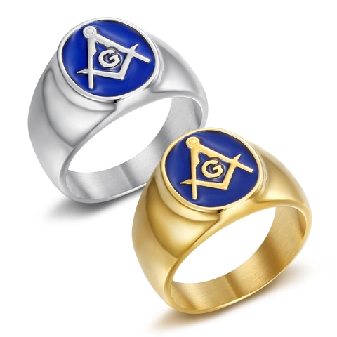 Chevalière Maçonnique Homme Hip Hop Acier au Titane Plaqué Or Argent Émail Bleu Boussole Équerre Symbole G Bague Acier Inoxydable