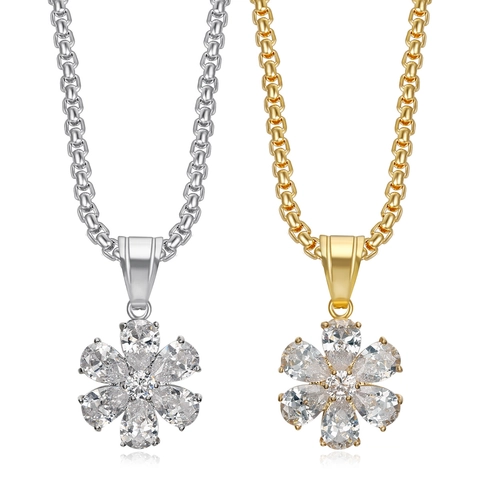 18K Gold Plated Stainless Steel Flower Pendant Necklace For Women Geometric Inlaid Zirconia Minimalist Fashion Jewelry