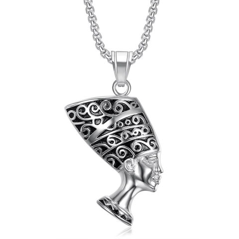 Vintage Titanium Steel Egyptian Queen Nefertiti Pendant Necklace Carved Relief Exotic Style Ethnic Portrait Neck Jewelry