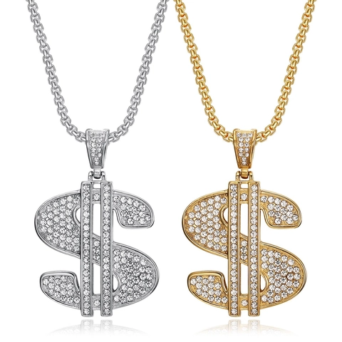 Collar con Colgante de Signo de Dólar Hip Hop de Acero de Titanio con Diamantes de Imitación Joyería Galvanizada para Hombre Mujer Oro Color Acero