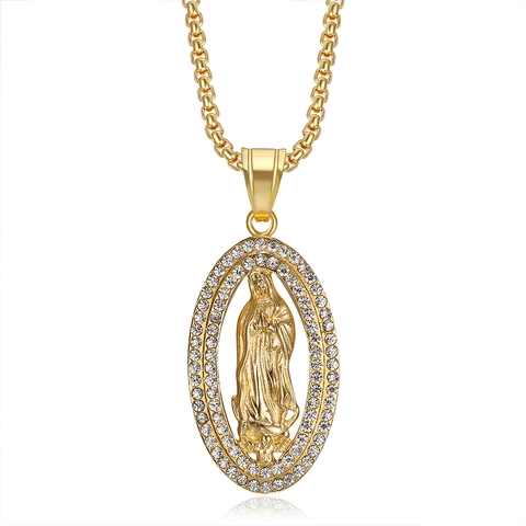 Collana Con Pendente Vergine Maria in Acciaio Inossidabile Hip Hop Pendente Religioso Nostra Signora Di Guadalupe Con Strass Gioielli Galvanizzati Per Uomo Donna
