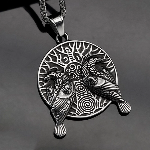 Collana con Pendente in Acciaio Inossidabile Vichingo Nordico Vintage Corvo Albero della Vita Nodo Celtico Rune Medaglione Tondo Gioielli Unisex
