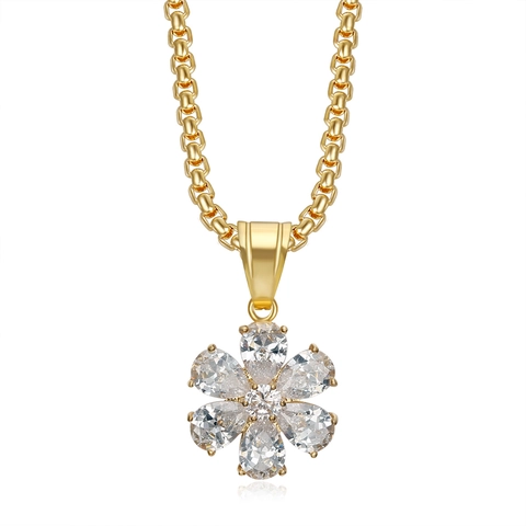 18K Gold Plated Stainless Steel Flower Pendant Necklace For Women Geometric Inlaid Zirconia Minimalist Fashion Jewelry