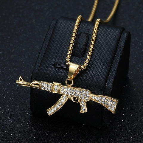 Collana con Ciondolo Fucile AK47 in Acciaio Inossidabile Hip Hop per Uomo Donna Strass Iced Out Gioielli Placcati Oro Argento