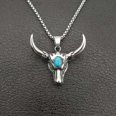Punk Retro Titanium Steel Bull Head Pendant Necklace For Men Women Polished Turquoise Inlaid Animal Biker Jewelry Accessory