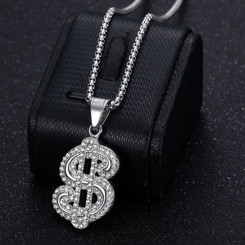 Collar de Colgante de Signo de Dólar Hip Hop Acero Inoxidable Chapado en Oro Strass Iced Out Símbolo de Dinero Joyería