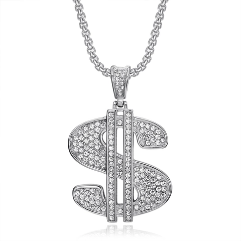 Collar con Colgante de Signo de Dólar Hip Hop de Acero de Titanio con Diamantes de Imitación Joyería Galvanizada para Hombre Mujer Oro Color Acero