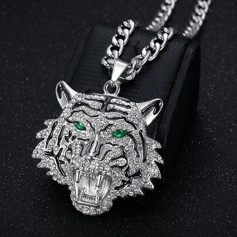 Hip-Hop Edelstahl Tigerkopf Anhänger Halskette Mit Strass Eingelegt Gold Silber Tier Charme Schmuck Für Herren Damen Party