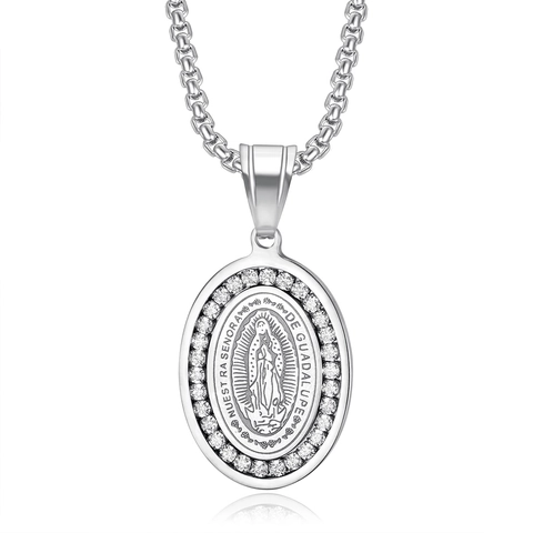 Hip Hop Our Lady of Guadalupe Oval Pendant Necklace Titanium Steel Plated Gold Rhinestone Religious Jewelry Men Women
