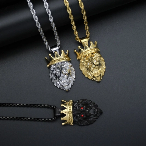 Stainless Steel Lion Head Crown Pendant Necklace Rhinestone Inlaid Hip Hop Punk Gold Silver Black Jewelry For Men Women