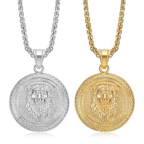 Hip Hop Lion Head Medallion Pendant Necklace Stainless Steel Vacuum Plated Round Lion Relief Jewelry For Men Women Gift