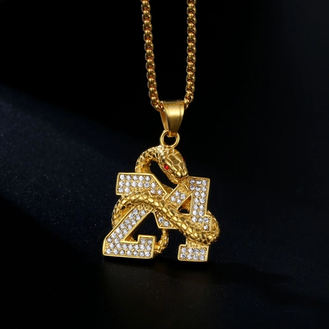Hip Hop Titanium Steel Rhinestone Number 24 Snake Pendant Necklace Gold Steel Color Plated Animal Snake Wrap Jewelry Gift